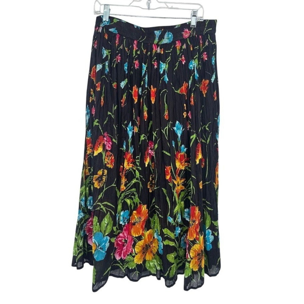 Vintage BFA Classics Crinkle Skirt Large Black Floral Maxi Flowy Gauze Boho